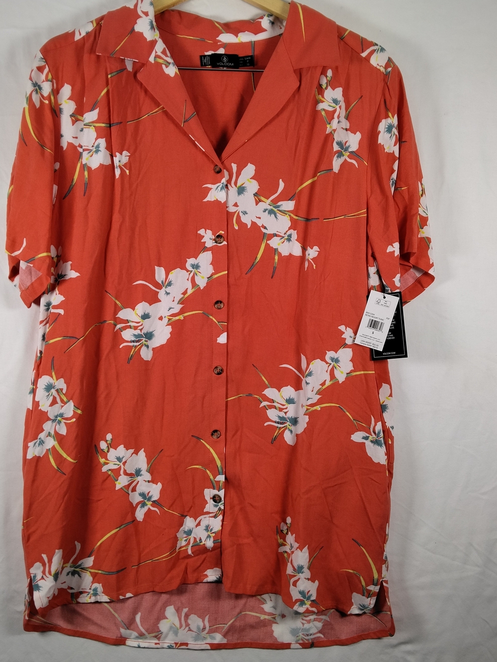 Volcom NWT Womens Small Aloha Resort Tunic Coral Floral Button Down Shirt Retro